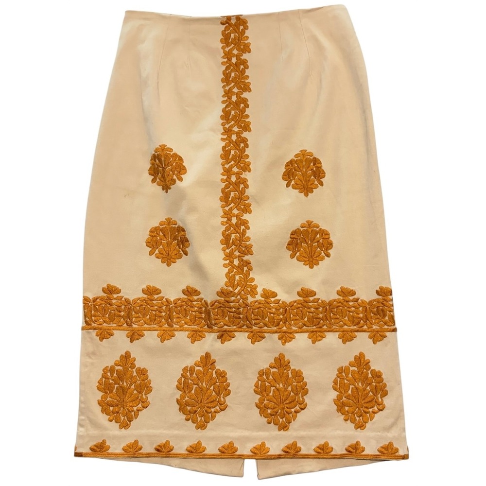 Anthropologie Embroidered Pencil Skirt Beige Orange Floral Midi US 8 Boho